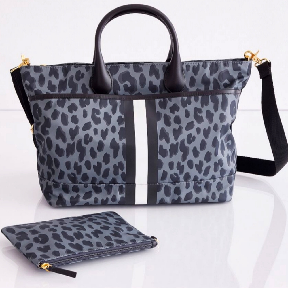 NEW NWT Pottery Barn Kids Black Leopard Print Nylon Diaper Tote Bag Grey Black
